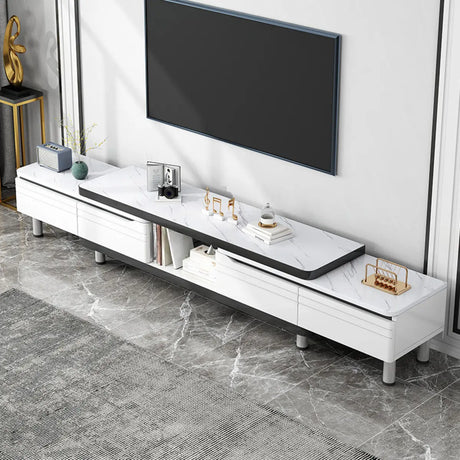 Stylish White Rectangle Stone Open Storage TV Stand Image - 1