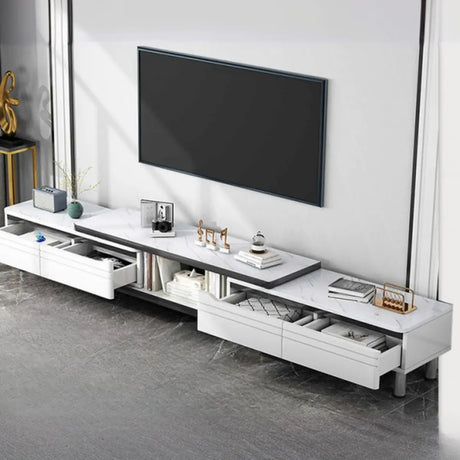 Stylish White Rectangle Stone Open Storage TV Stand Image - 2