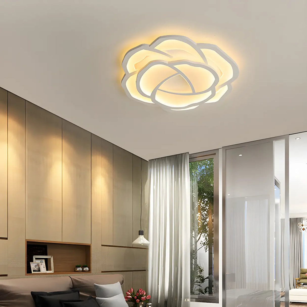 Stylish White Rose Shape LED Flush Mount Ceiling Light Image - 6