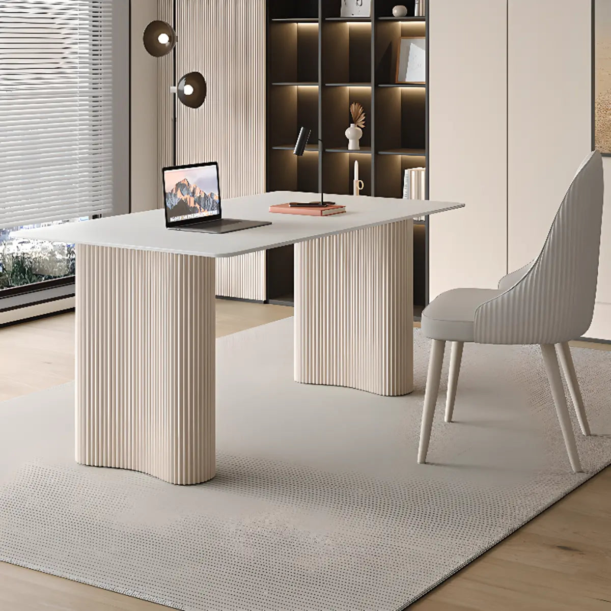 Stylish White Stone Rectangle Steel Base Writing Desk Image - 4