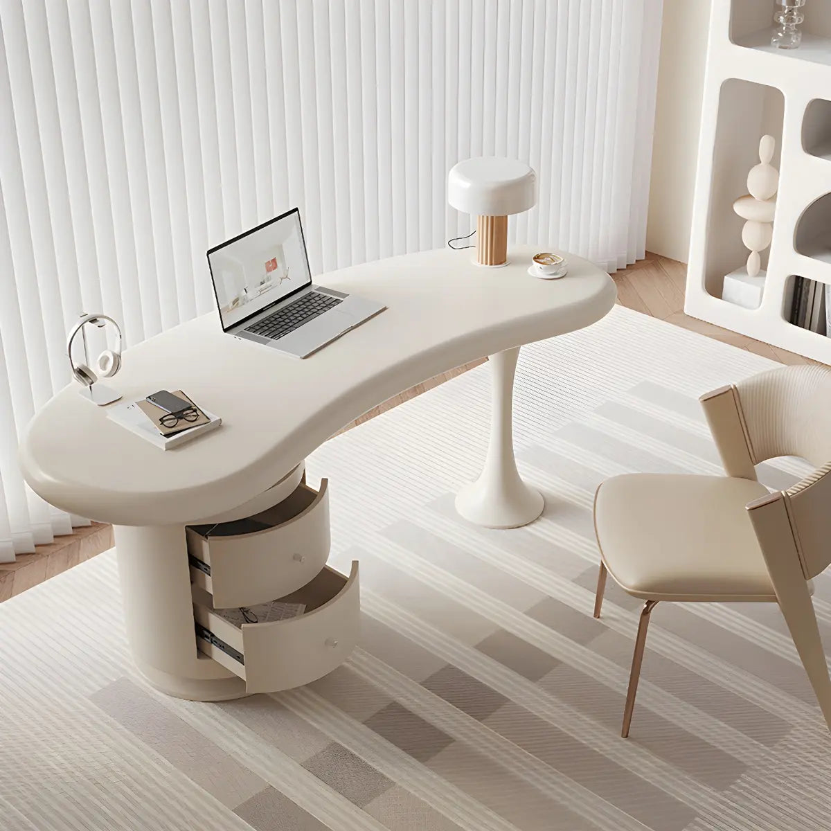 Stylish White Wood Drawers Free Form Writing Desk Image - 3