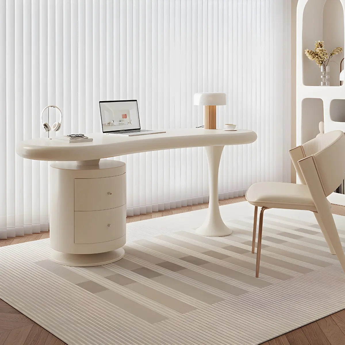 Stylish White Wood Drawers Free Form Writing Desk Image - 4