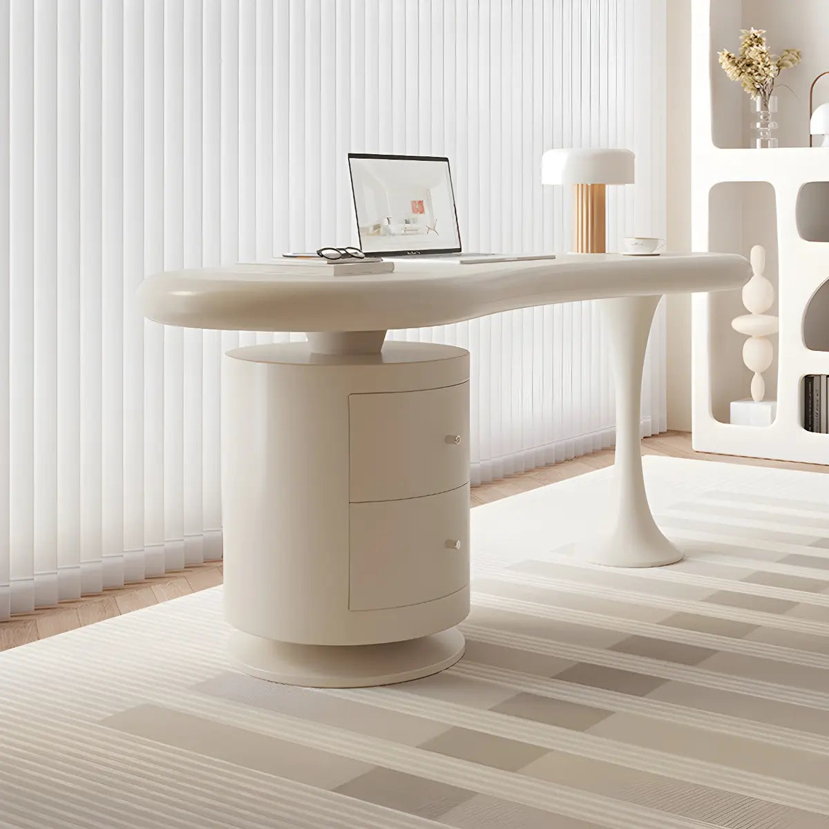 Stylish White Wood Drawers Free Form Writing Desk Image - 5