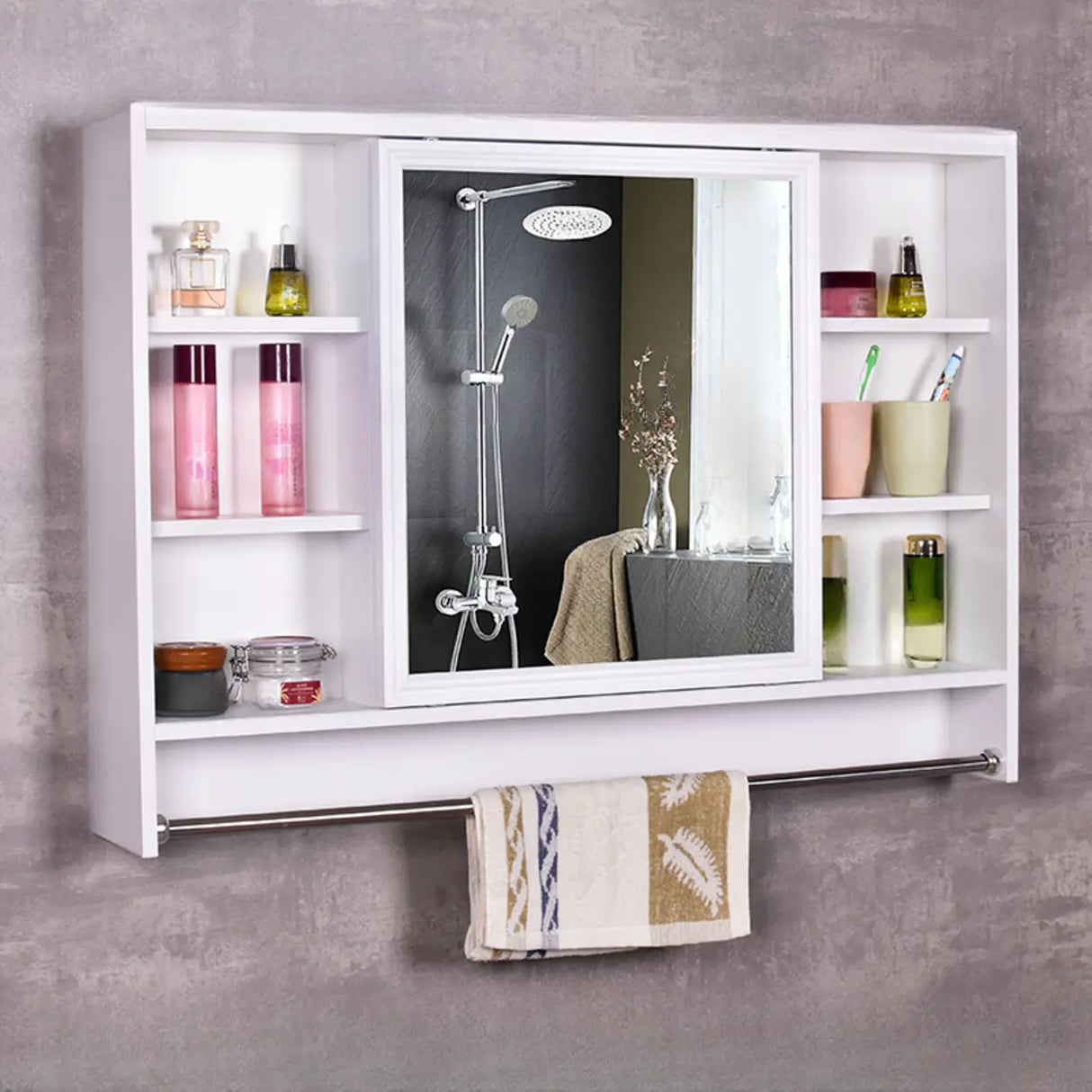 Surface-Mount Rectangle Wood White Shelf Medicine Cabinet Image - 9