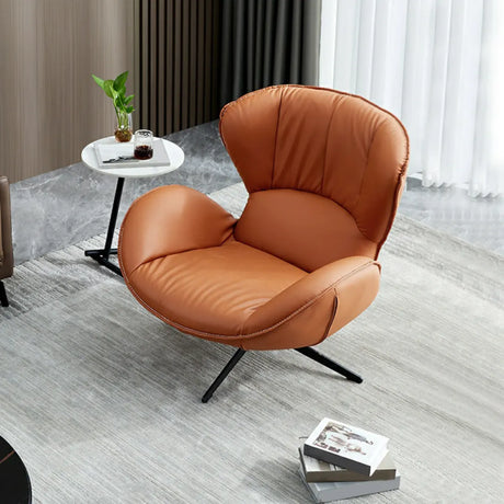 Swivel Orange Leather Flared Arm 4-Star Base Arm Chair Image - 2