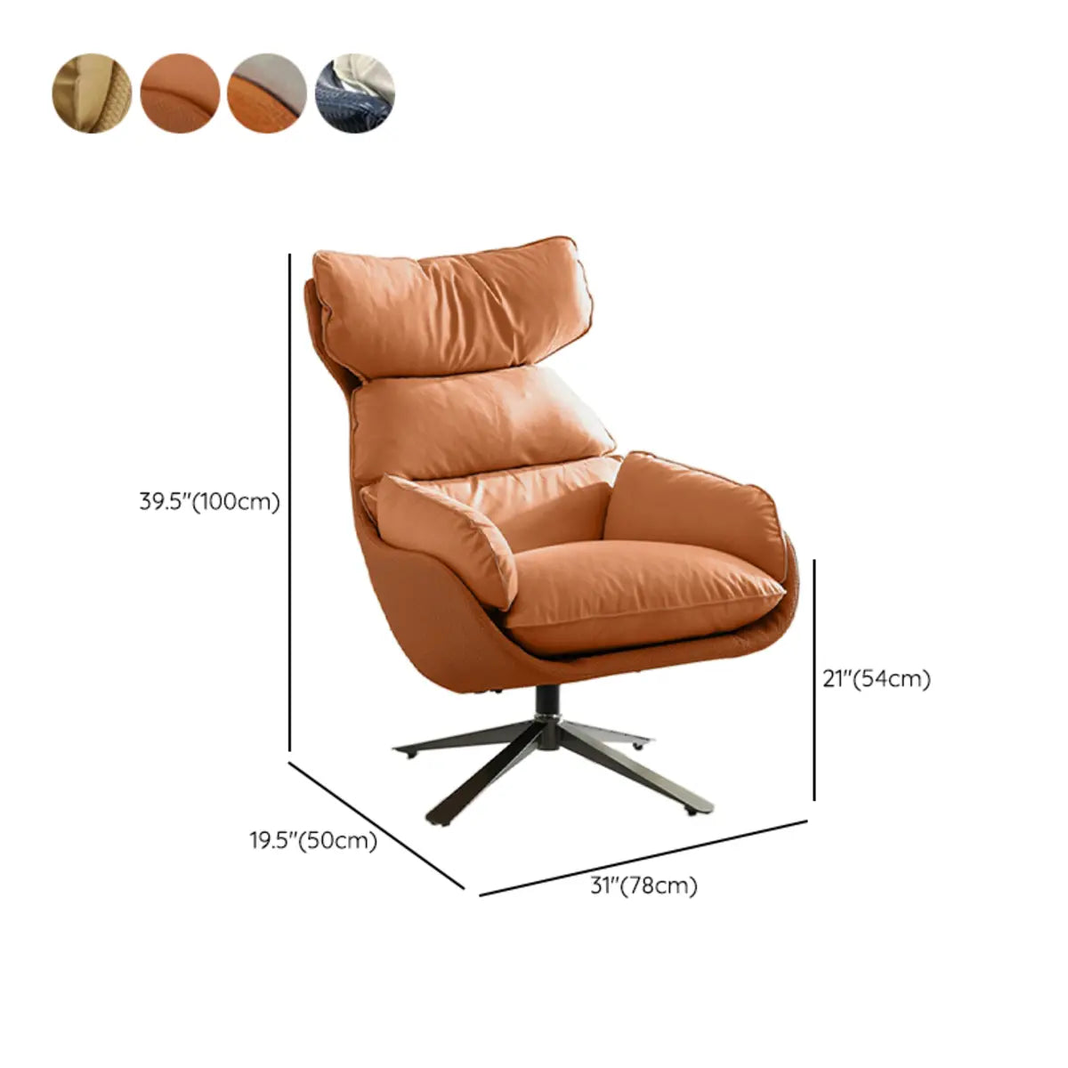 Swivel Orange Leather Recessed Arm Fixed Back Arm Chair 