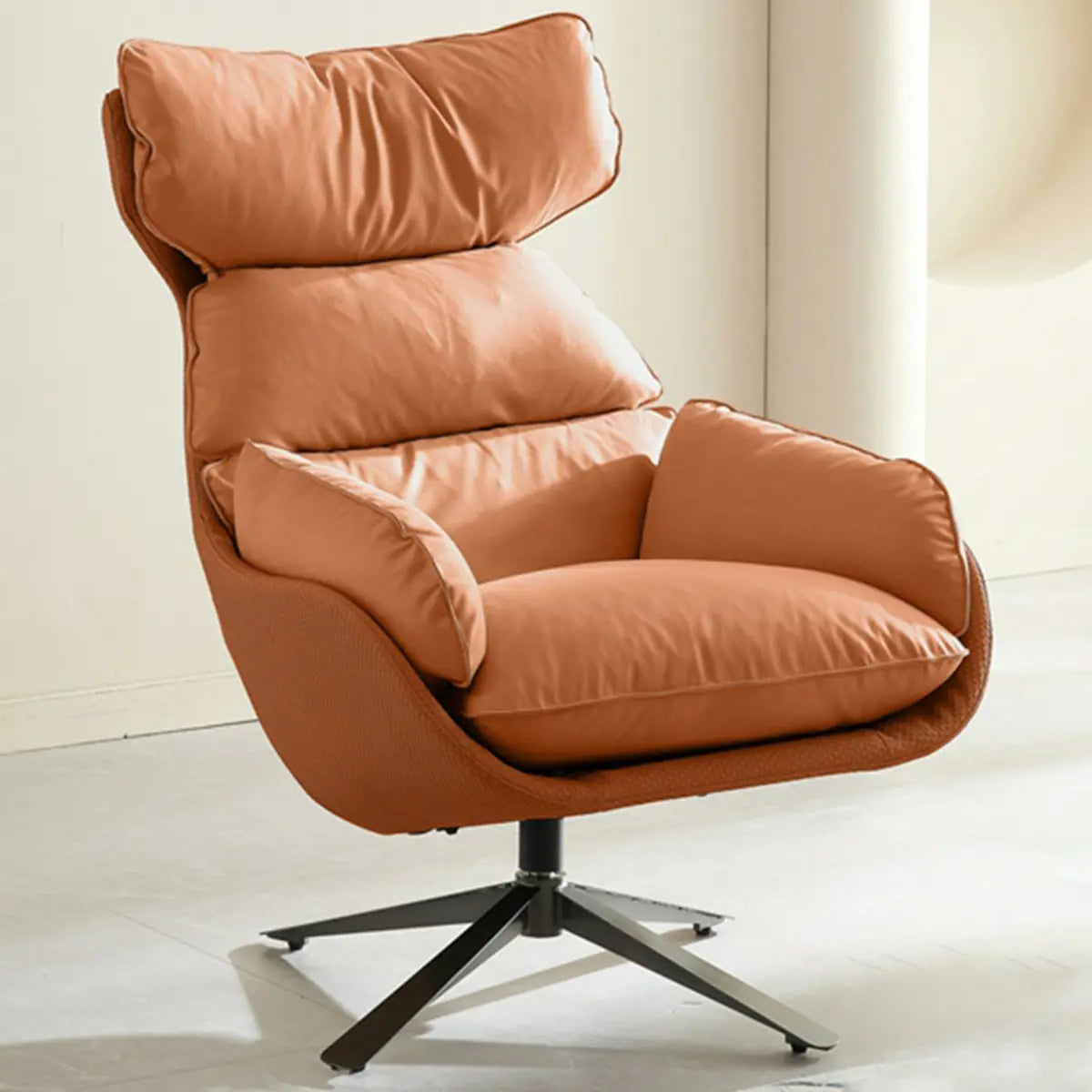 Swivel Orange Leather Recessed Arm Fixed Back Arm Chair Image - 7