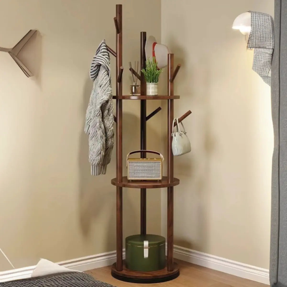 Swivel Tree Shape Wooden Nut-Brown Hooks Coat Rack Image - 6