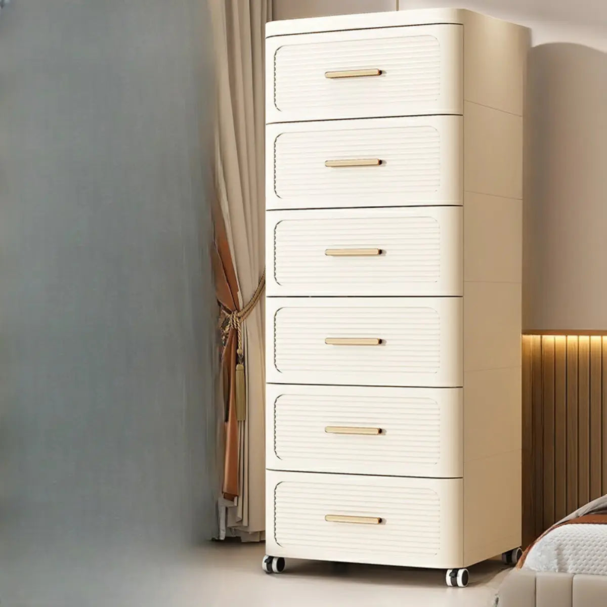 Tall Off-White Plastic Storage Drawers Chest with Casters Image - 4