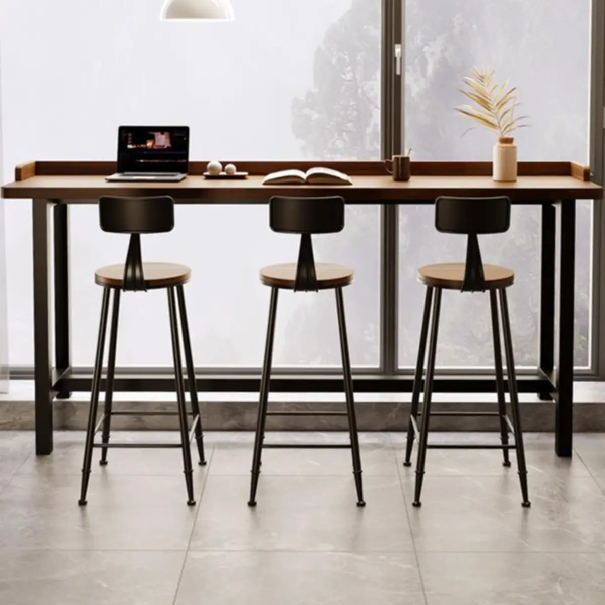 Tall Rectangular Wood Metal Brown Bar Set with Stools Image - 3