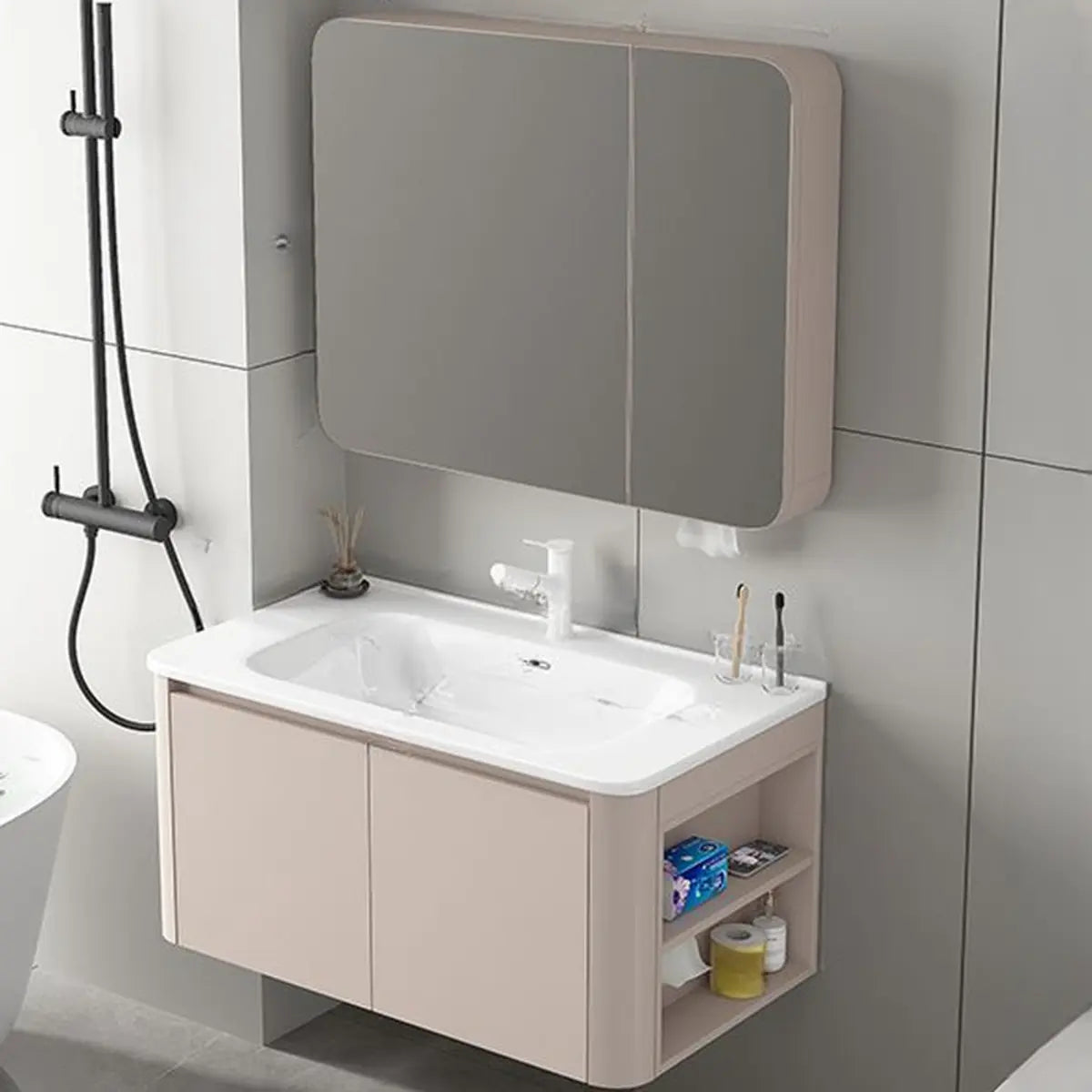 Tan Single Sink Wood Storage Bathroom Vanity with Shelves Image - 11