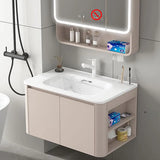 Tan Single Sink Wood Storage Bathroom Vanity with Shelves Image - 2