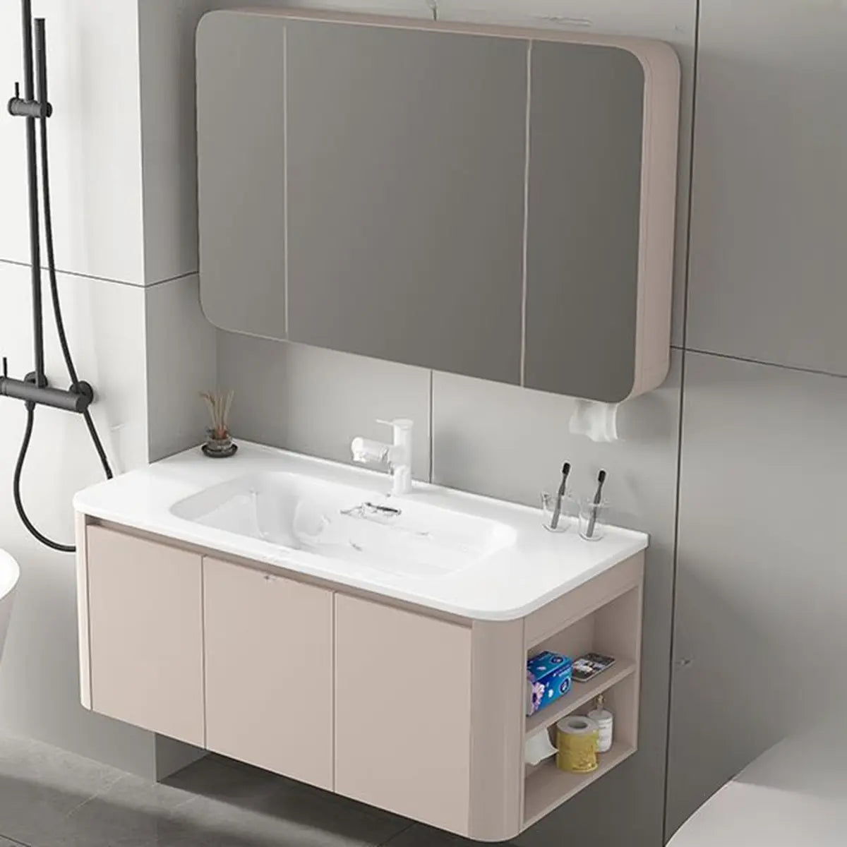 Tan Single Sink Wood Storage Bathroom Vanity with Shelves Image - 23