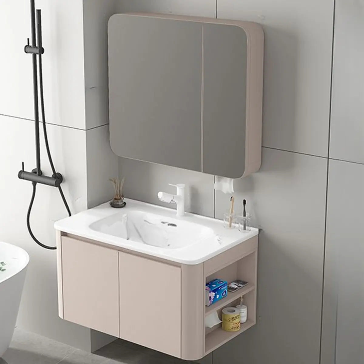 Tan Single Sink Wood Storage Bathroom Vanity with Shelves Image - 4