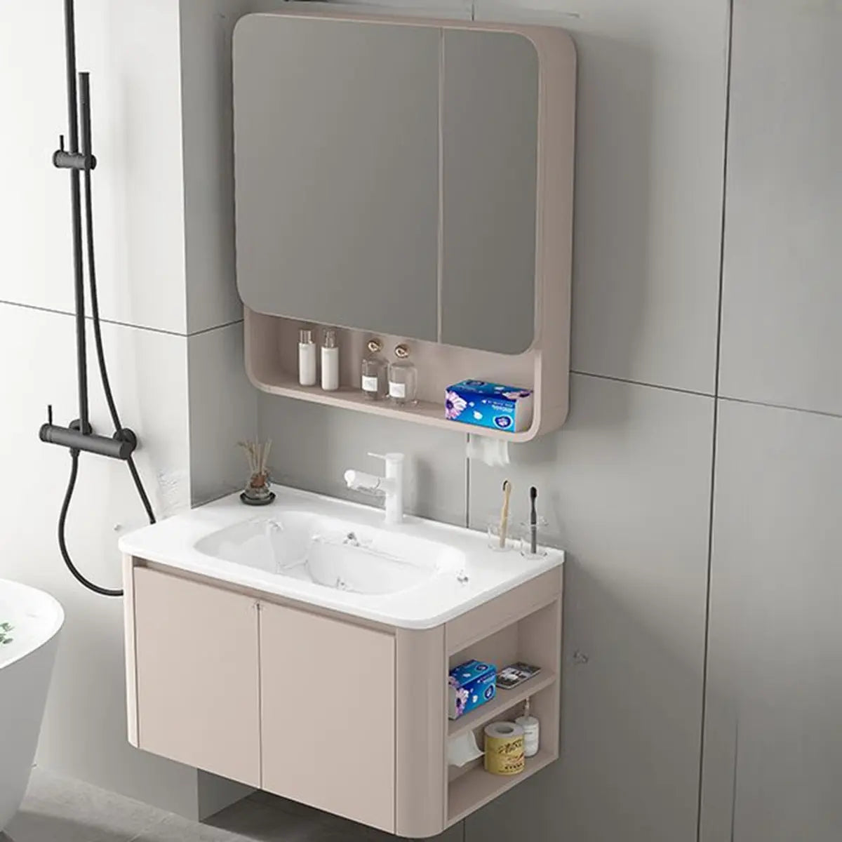 Tan Single Sink Wood Storage Bathroom Vanity with Shelves Image - 8