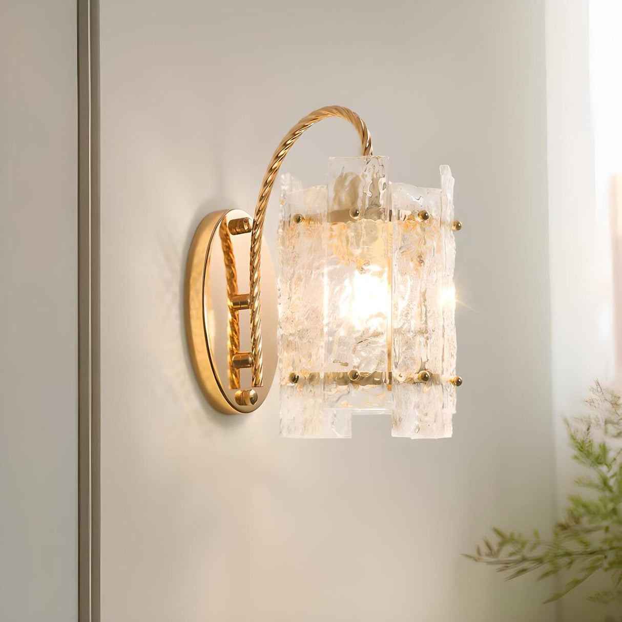 Textured Glass Gold Curved Cylinder LED Wall Sconce Image - 1