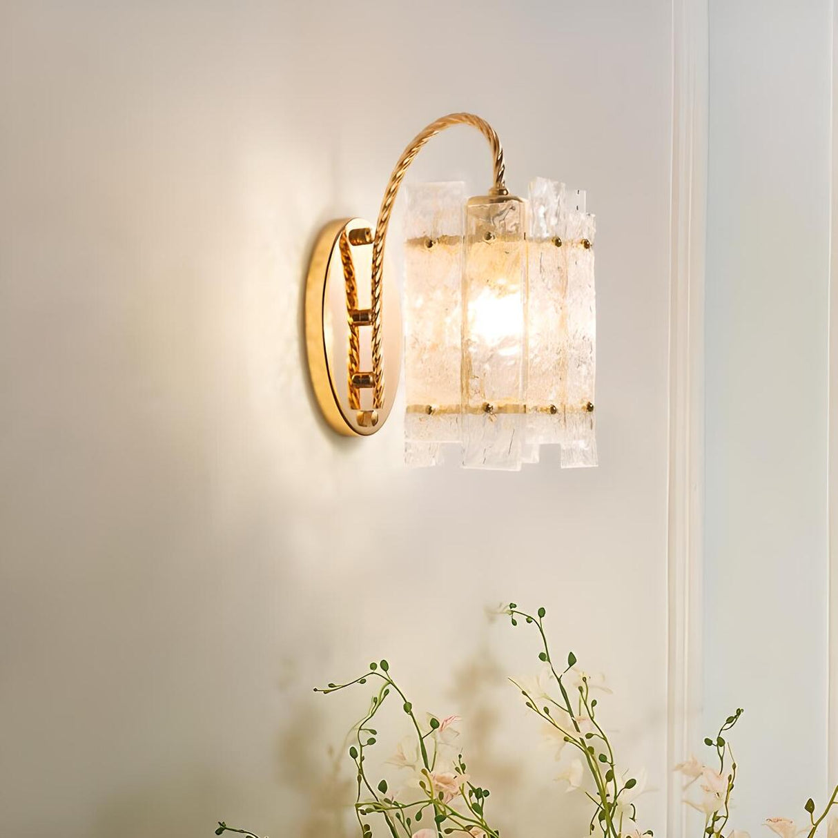 Textured Glass Gold Curved Cylinder LED Wall Sconce Image - 3