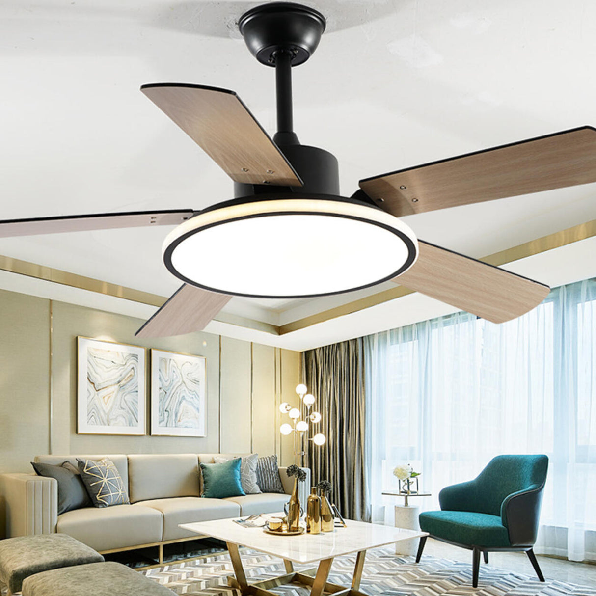 Third Gear Flush Mounted 5 Blades Ceiling Fan Light Image - 5