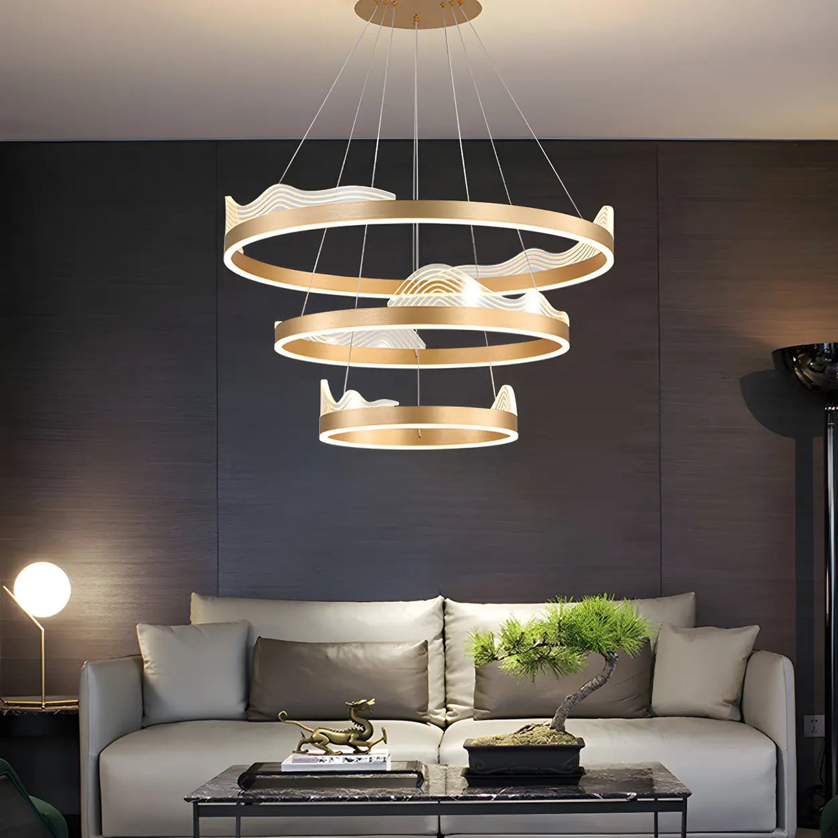 Tiered Acrylic Wavy Gold Ring LED Modern Chandelier Image - 1