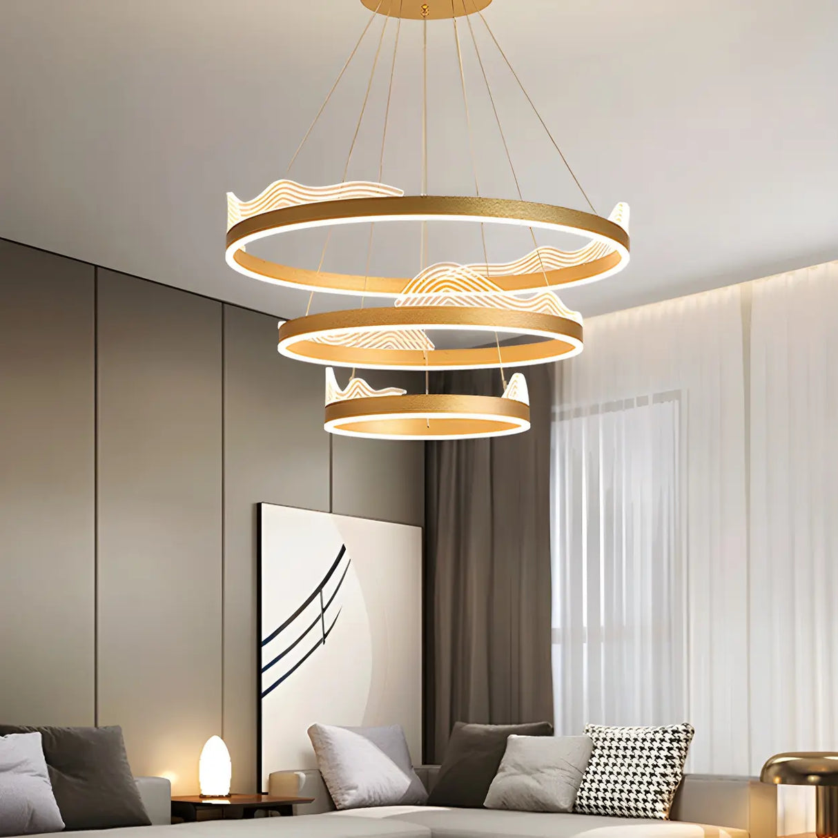 Tiered Acrylic Wavy Gold Ring LED Modern Chandelier Image - 2