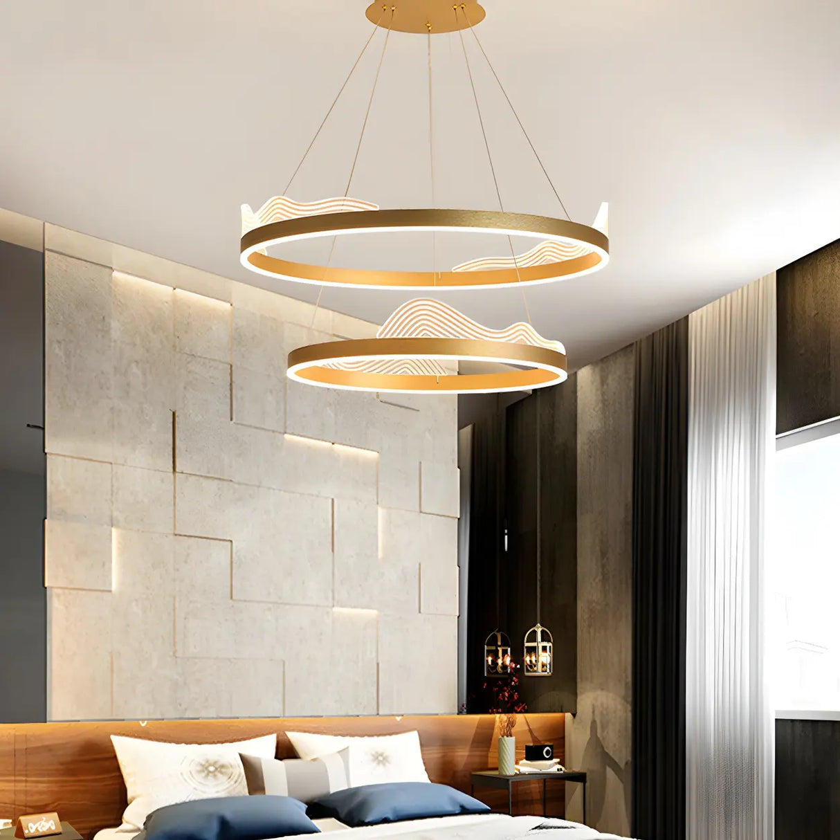 Tiered Acrylic Wavy Gold Ring LED Modern Chandelier Image - 4