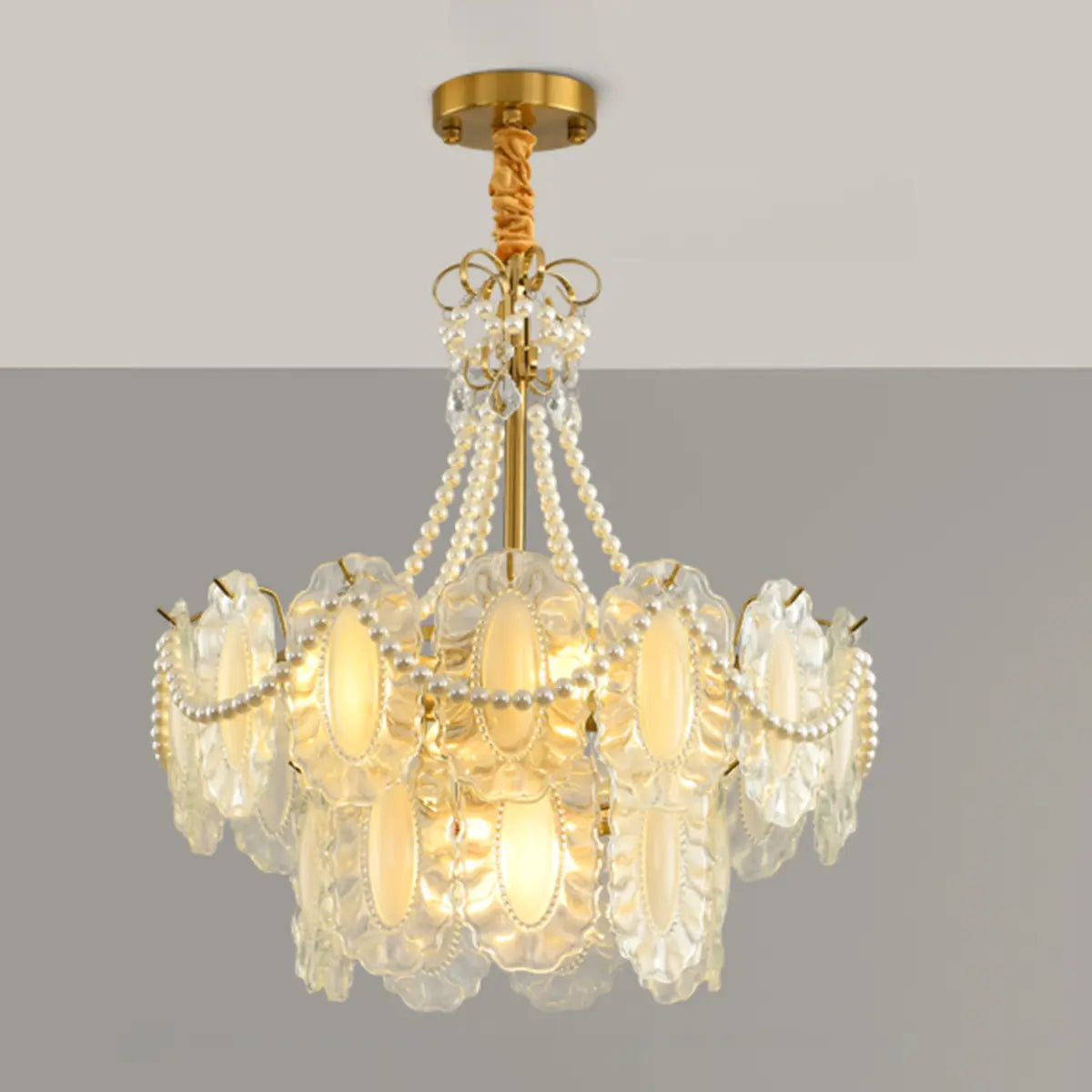 Tiered Glass Gold Pearl Adjustable Height Bedroom Chandelier Image - 2