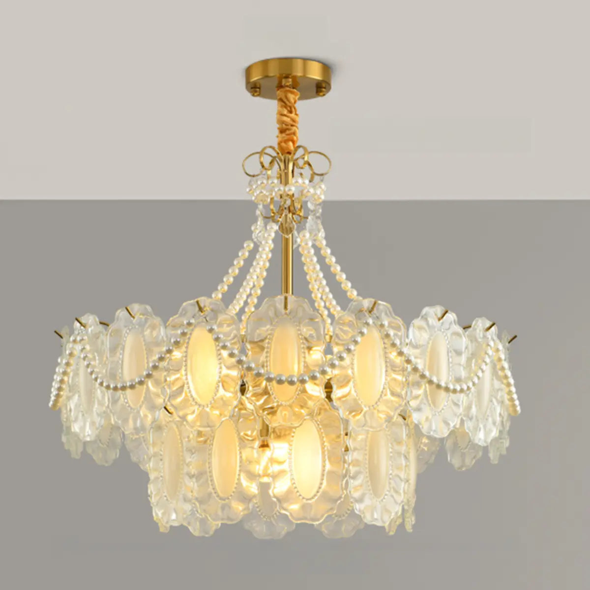 Tiered Glass Gold Pearl Adjustable Height Bedroom Chandelier Image - 3