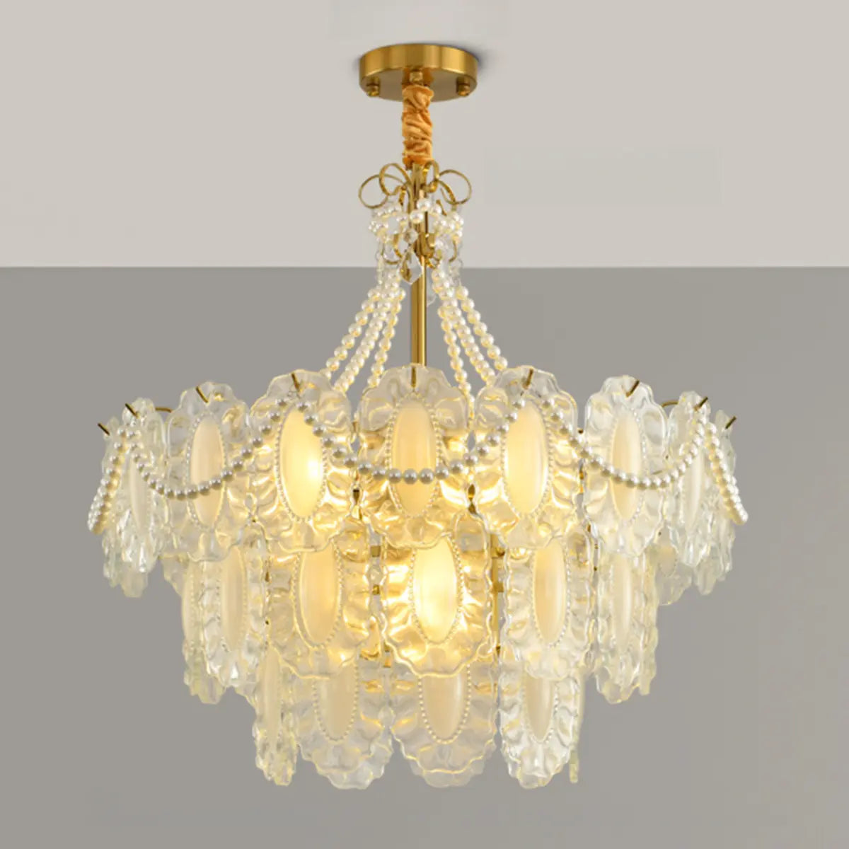 Tiered Glass Gold Pearl Adjustable Height Bedroom Chandelier Image - 7