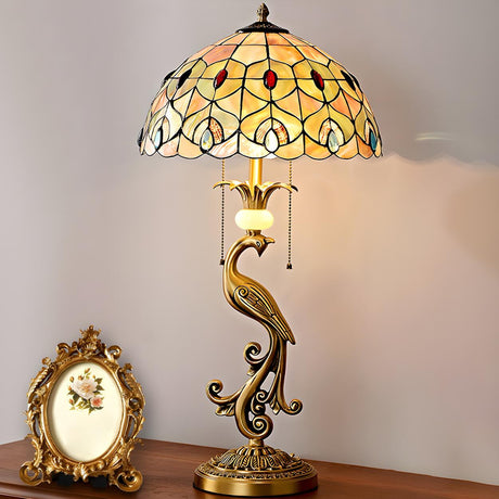 Tiffany Antique Stained Glass Shade Peacock Table Lamp Image - 1