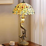 Tiffany Antique Stained Glass Shade Peacock Table Lamp Image - 5