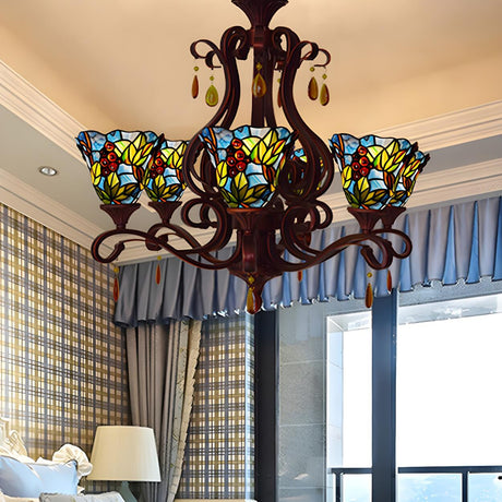 Tiffany Bedroom Colorful Floral Stained Glass Chandelier Image - 1