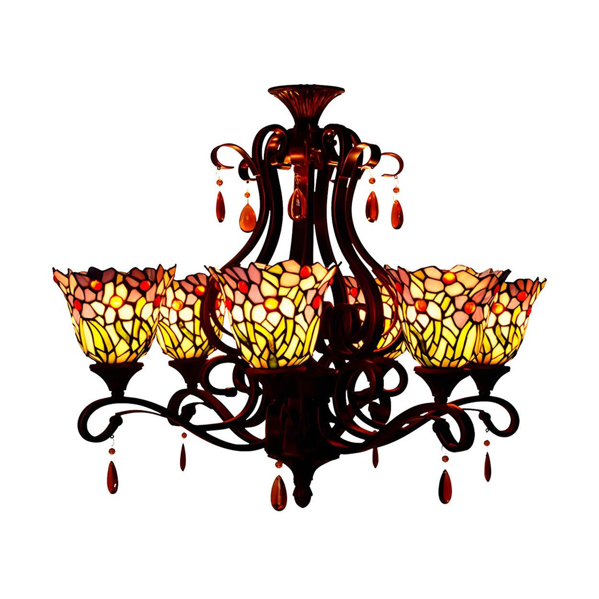 Tiffany Bedroom Colorful Floral Stained Glass Chandelier Image - 10