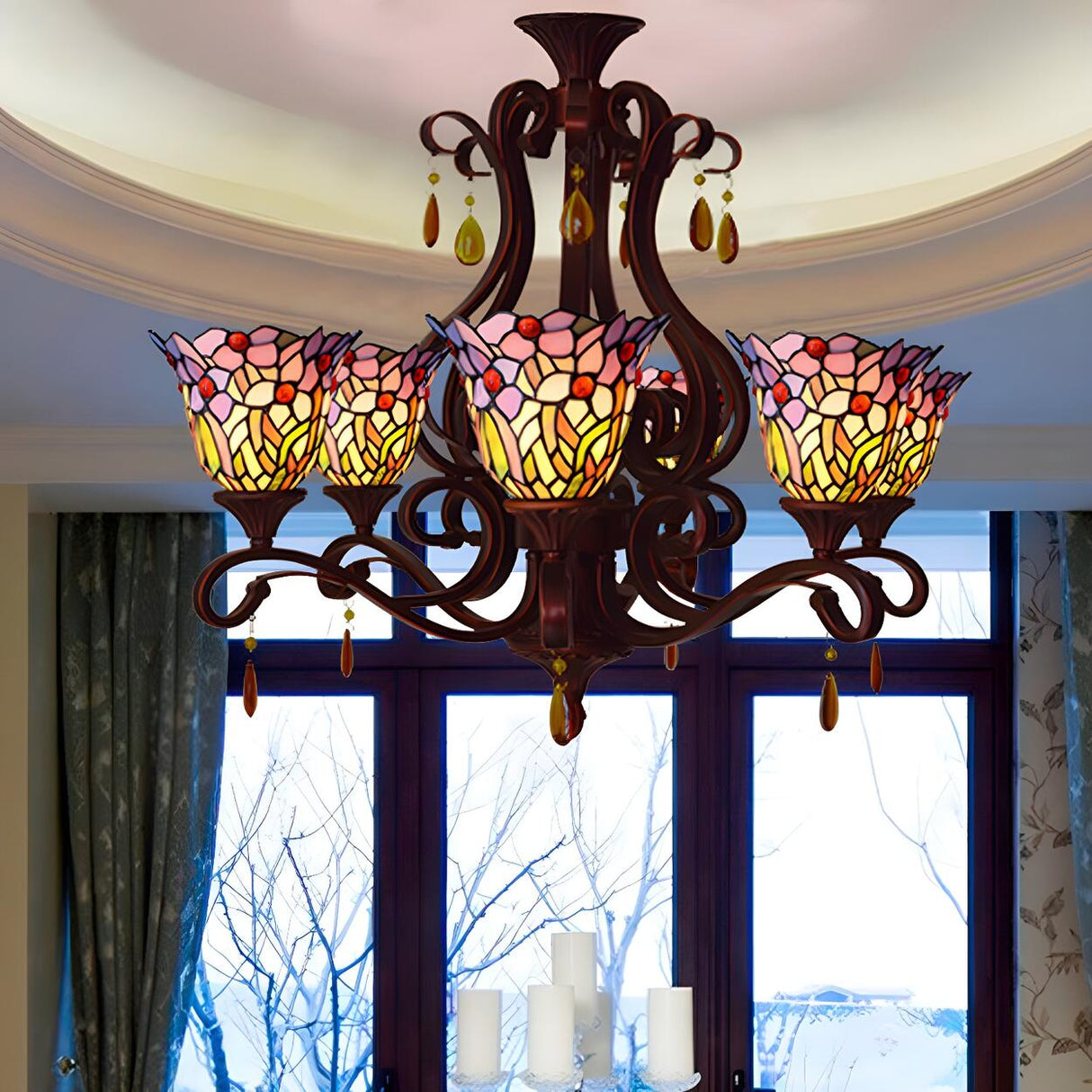 Tiffany Bedroom Colorful Floral Stained Glass Chandelier Image - 8