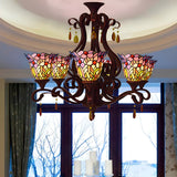 Tiffany Bedroom Colorful Floral Stained Glass Chandelier Image - 8