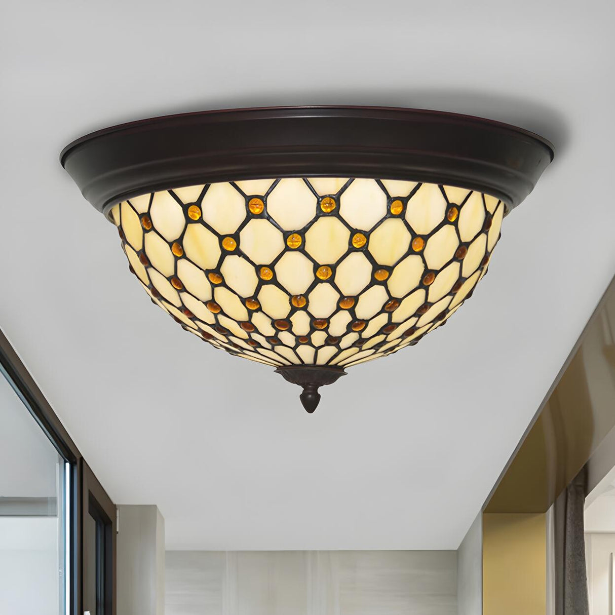 Tiffany Beige Bowl-Shaped Glass LED Flush Mount Light Image - 1