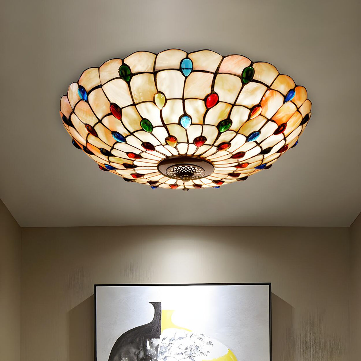 Tiffany Beige Cabochon Glass Flush Mount Ceiling Light Image - 2