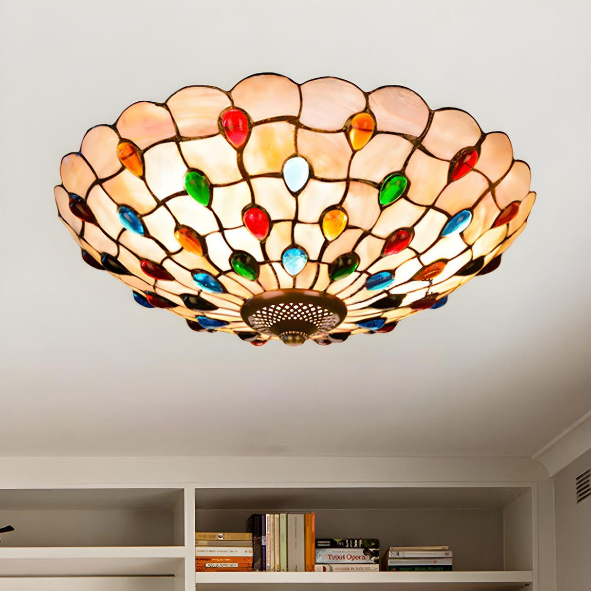 Tiffany Beige Cabochon Glass Flush Mount Ceiling Light Image - 6