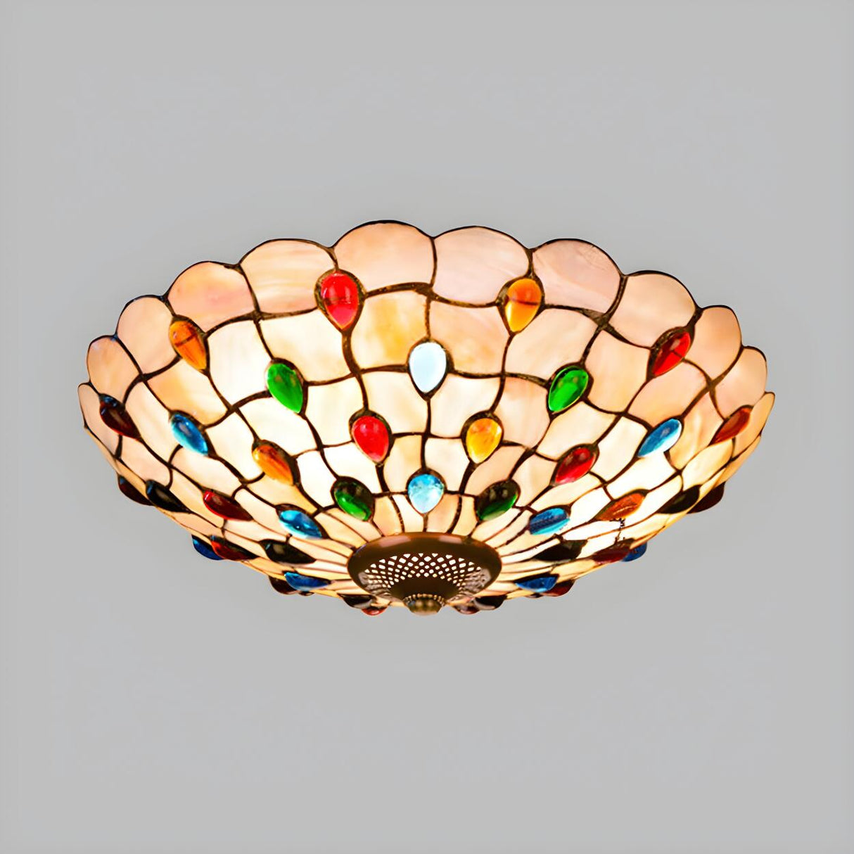 Tiffany Beige Cabochon Glass Flush Mount Ceiling Light Image - 8