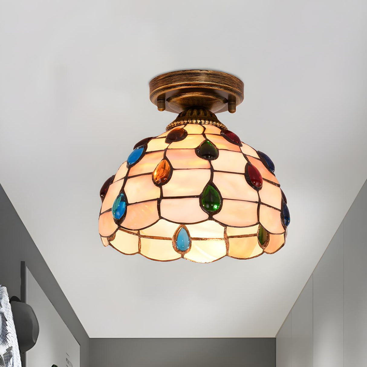 Tiffany Bowl-Shaped Stained Gem Glass Flush Mount Light Image - 1