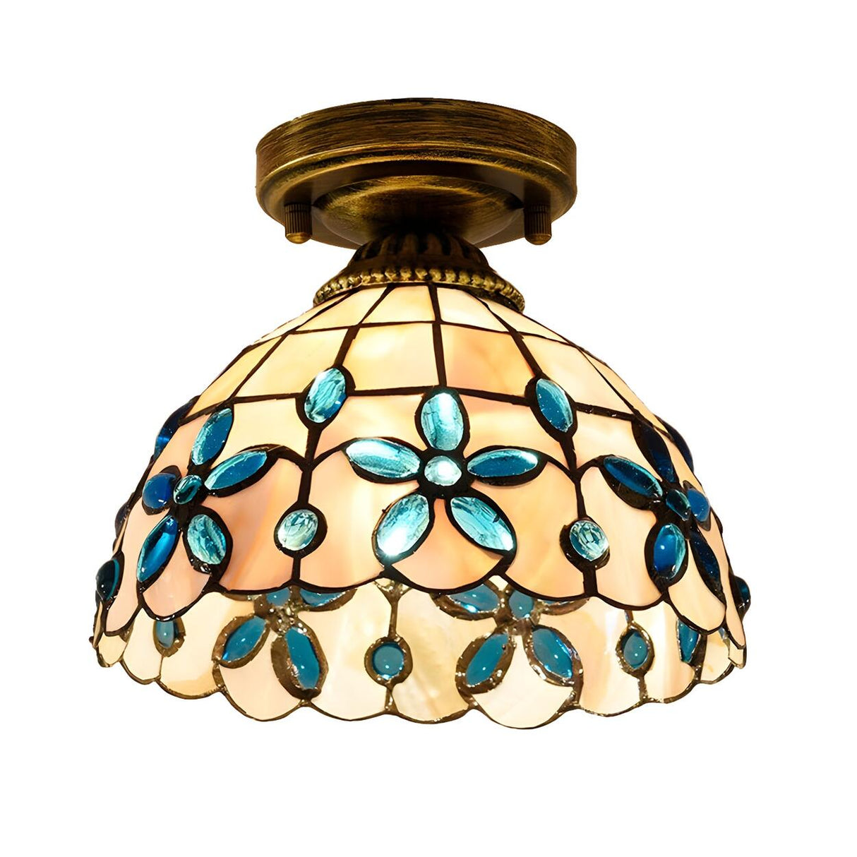 Tiffany Bowl-Shaped Stained Gem Glass Flush Mount Light Image - 12