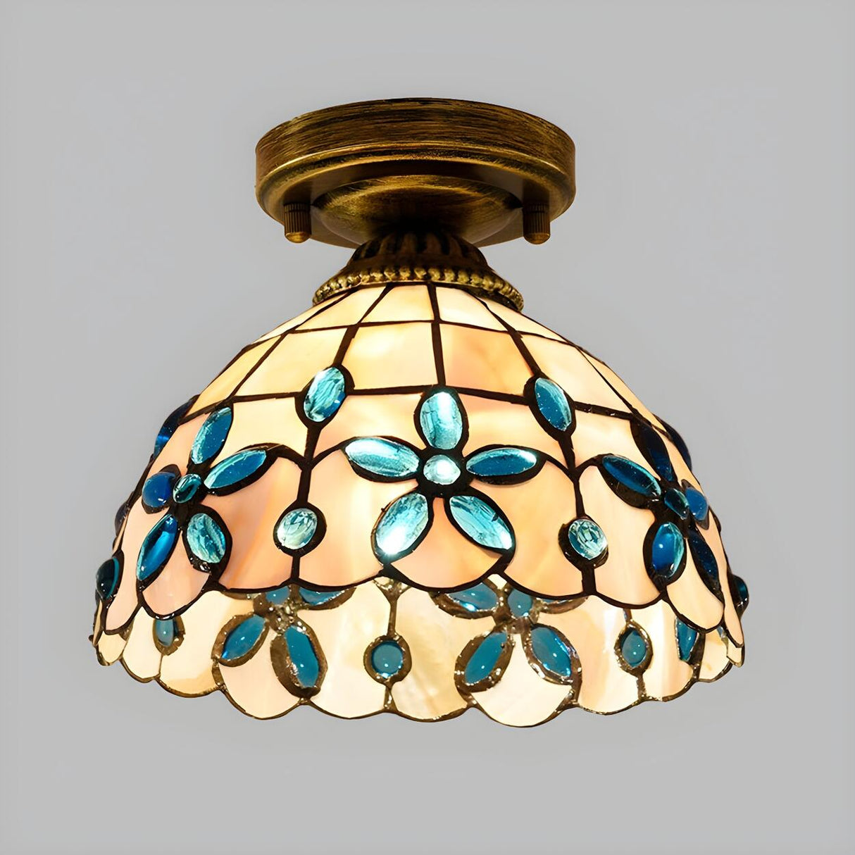 Tiffany Bowl-Shaped Stained Gem Glass Flush Mount Light Image - 13