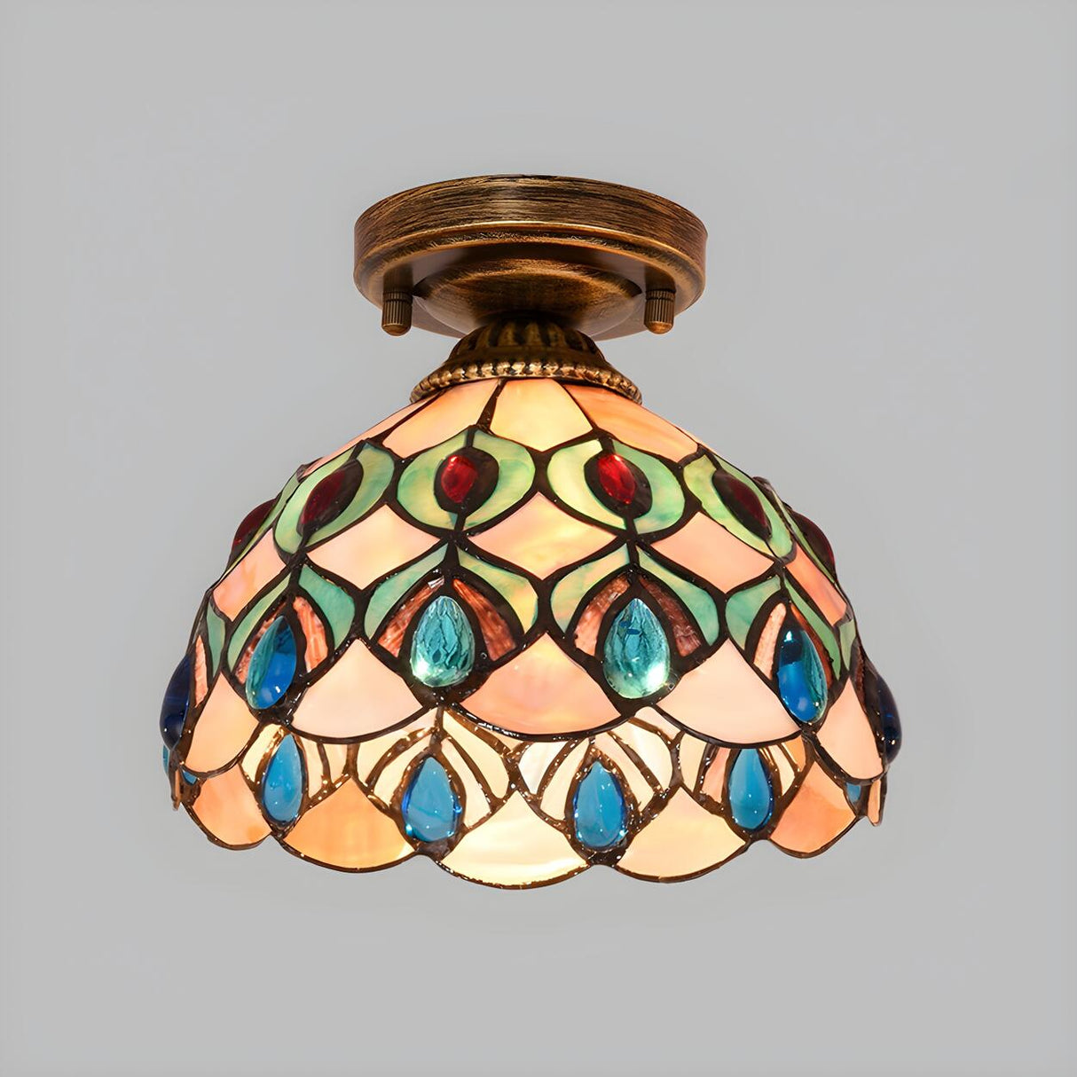 Tiffany Bowl-Shaped Stained Gem Glass Flush Mount Light Image - 8