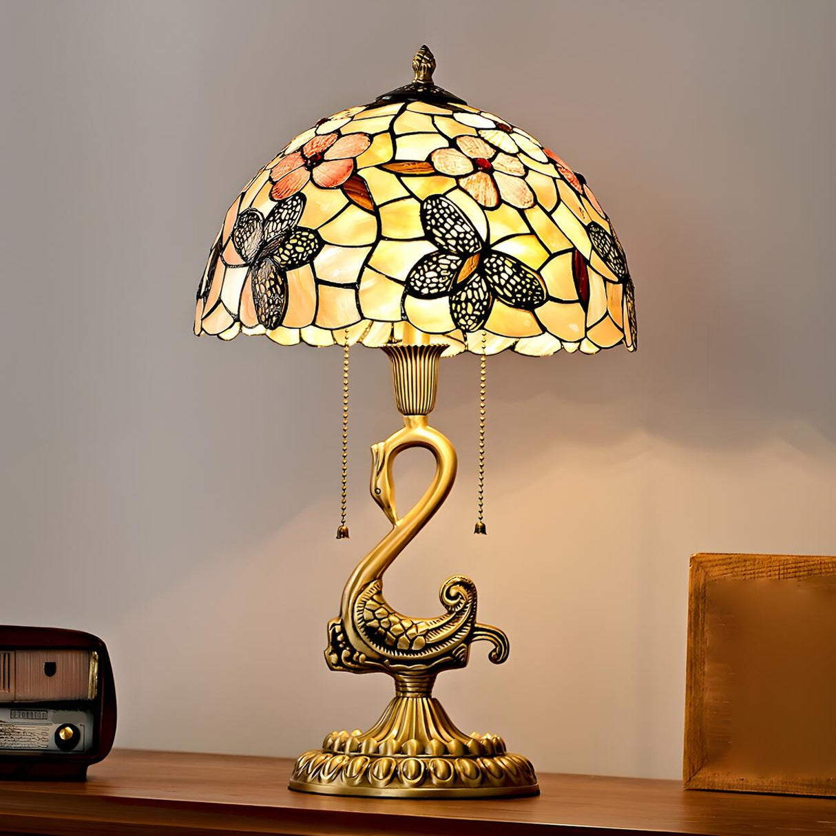 Tiffany Butterfly Glass Shade Art Swan Base Table Lamp Image - 1