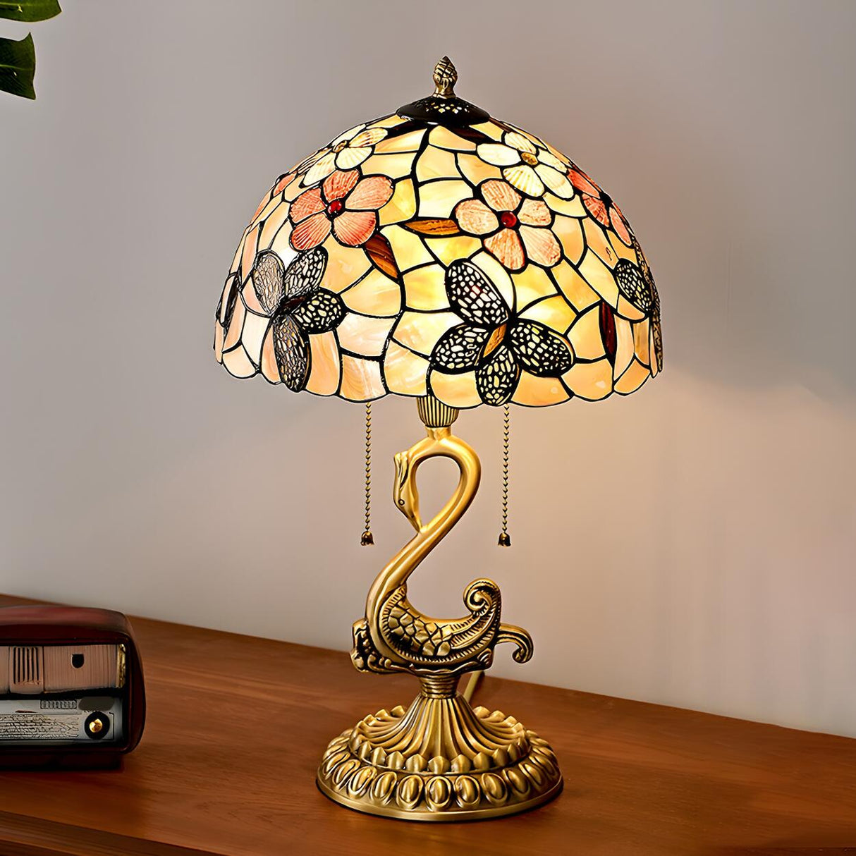 Tiffany Butterfly Glass Shade Art Swan Base Table Lamp Image - 11