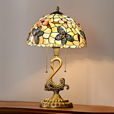 Tiffany Butterfly Glass Shade Art Swan Base Table Lamp Image - 2