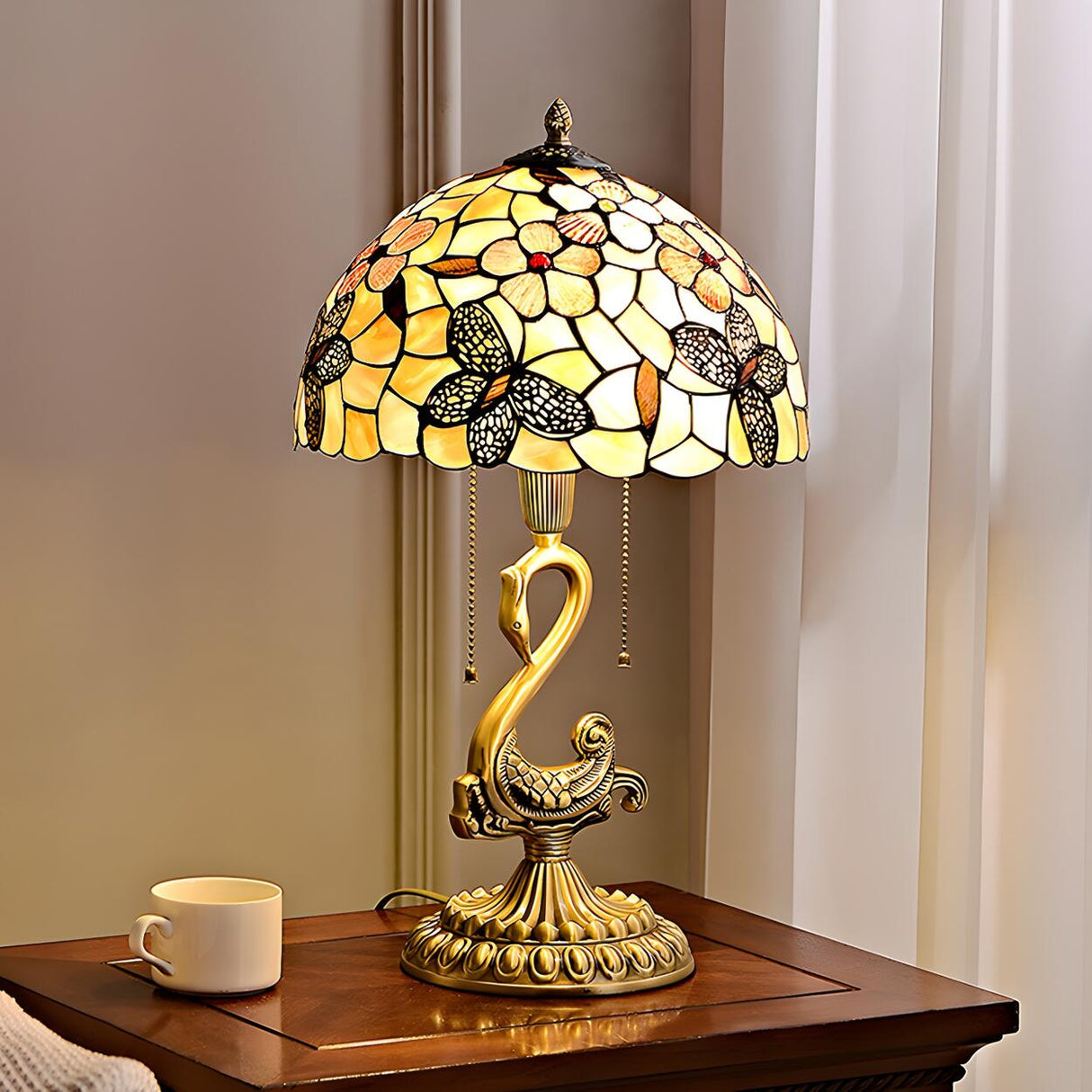 Tiffany Butterfly Glass Shade Art Swan Base Table Lamp Image - 4