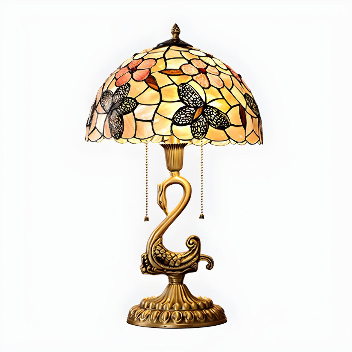 Tiffany Butterfly Glass Shade Art Swan Base Table Lamp Image - 7