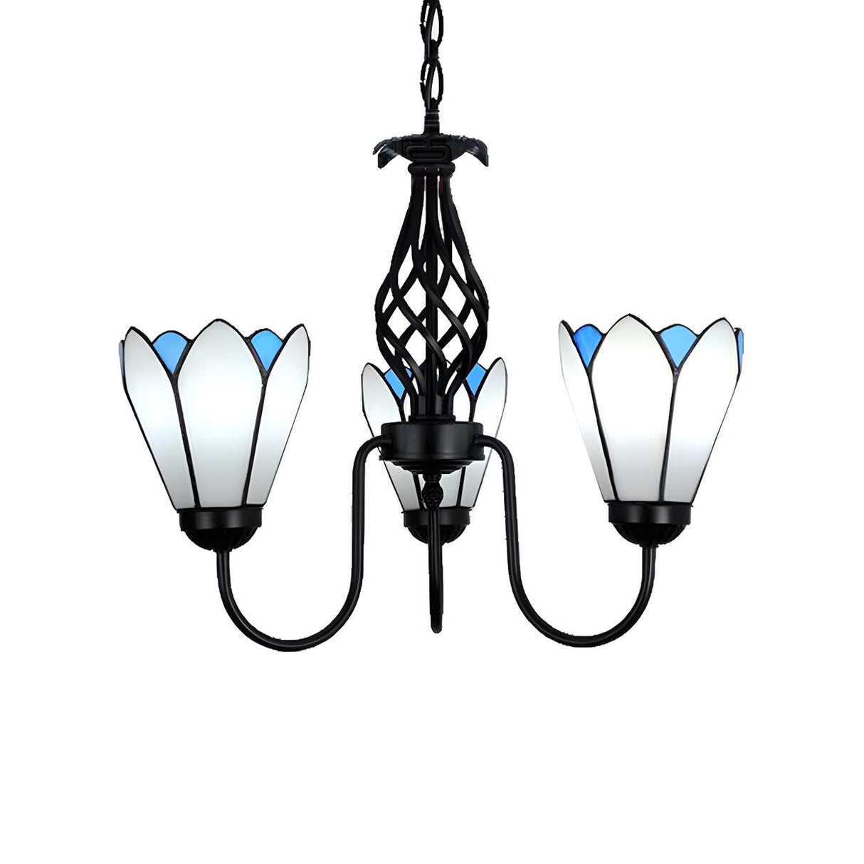 Tiffany Dining Room Floral Petal Blue White Glass Chandelier Image - 3