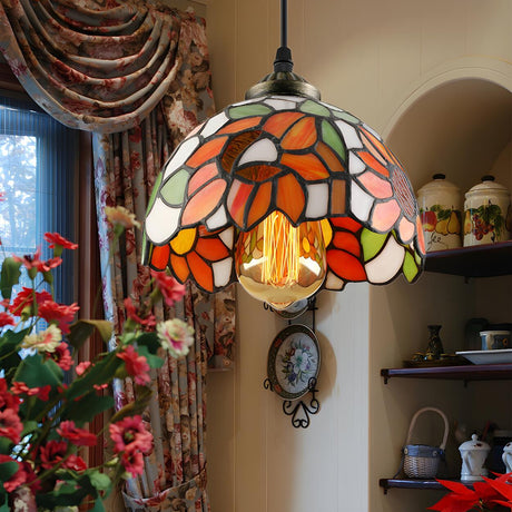 Tiffany Dome Floral Red Orange Stained Glass Pendant Light Image - 1