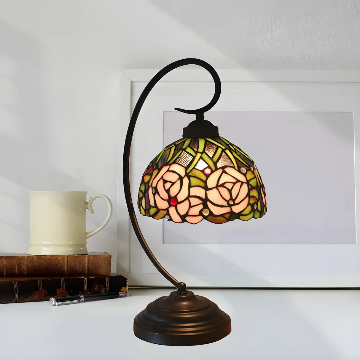 Tiffany Dome Stained Glass Rose Pattern Desk Lamp Image - 2